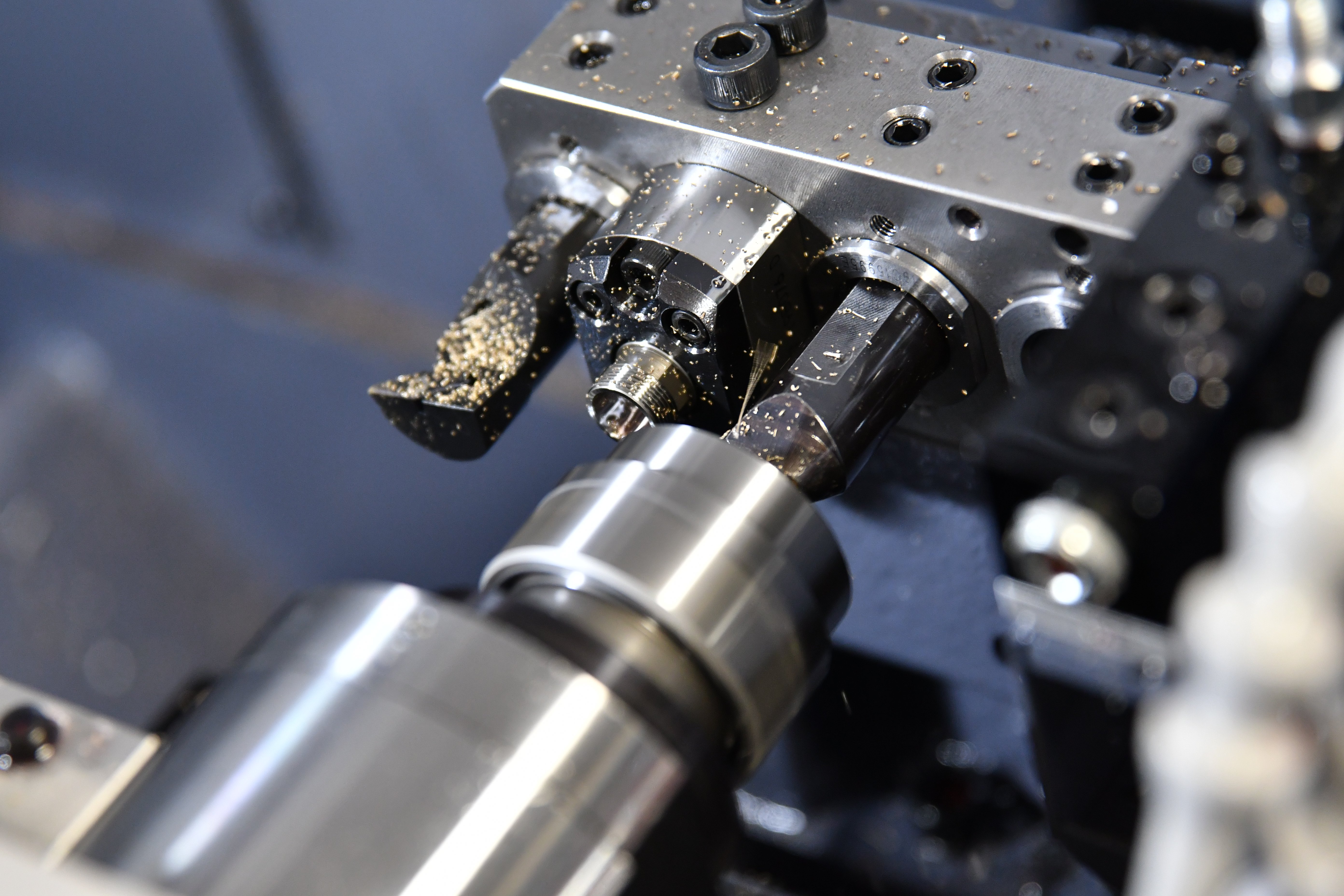 Inside swiss CNC machine; Images shows tooling and subspindle